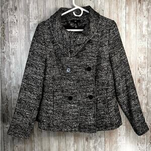 H&M‎ Tweed Blazer Womens Pea Coat 10 Black White Tan Two Button Double Breasted